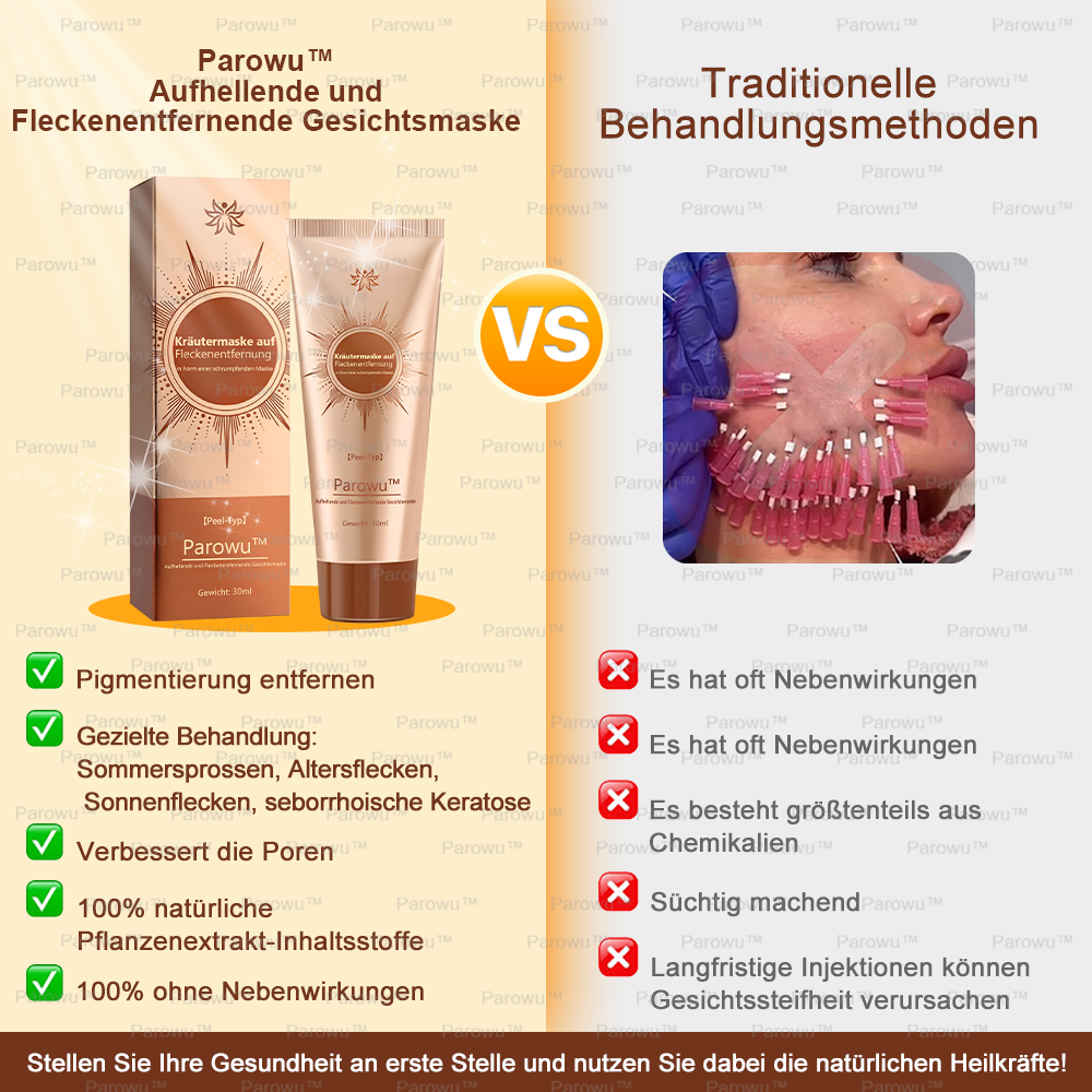 💟 Parowu™ Aufhellende und Fleckenentfernende Gesichtsmaske - Geeignet für Gesicht und Körper – 👩⚕️ Natürliche Inhaltsstoffe entfernen dauerhaft Altersflecken, Sommersprossen, Sonnenflecken und Leberflecken.